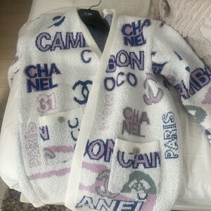 Chanel White and Purple Logo Cardigan